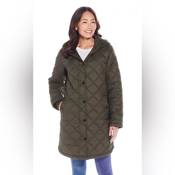 WEATHERPROOF Coat Women’s Sz Small Quilted Hood Olive Green Storm Cuffs Pockets - Picture 1 of 8